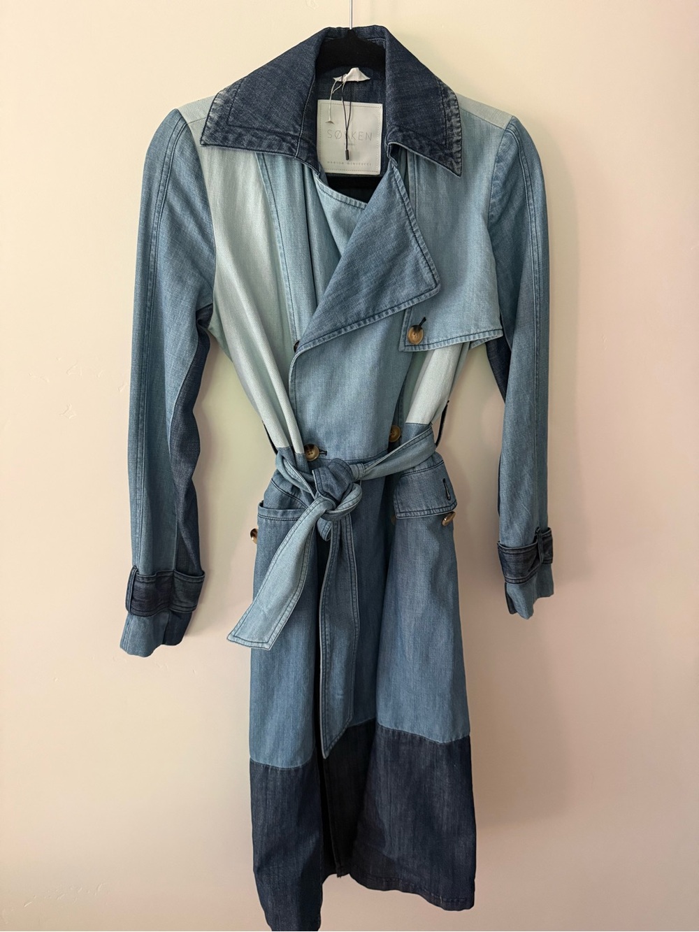 Sökden Patchwork Denim Trench Coat - Light Blue